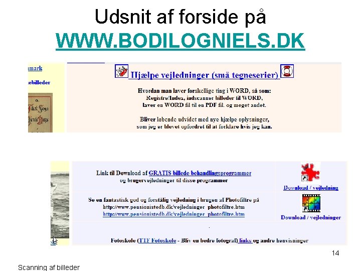 Udsnit af forside på WWW. BODILOGNIELS. DK 14 Scanning af billeder 