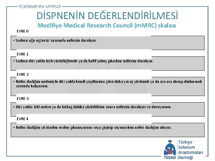 DİSPNENİN DEĞERLENDİRİLMESİ EVRE 0 Modifiye Medical Research Council (m. MRC) skalası • Sadece ağır