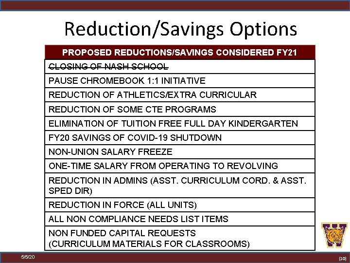 Reduction/Savings Options PROPOSED REDUCTIONS/SAVINGS CONSIDERED FY 21 CLOSING OF NASH SCHOOL PAUSE CHROMEBOOK 1: