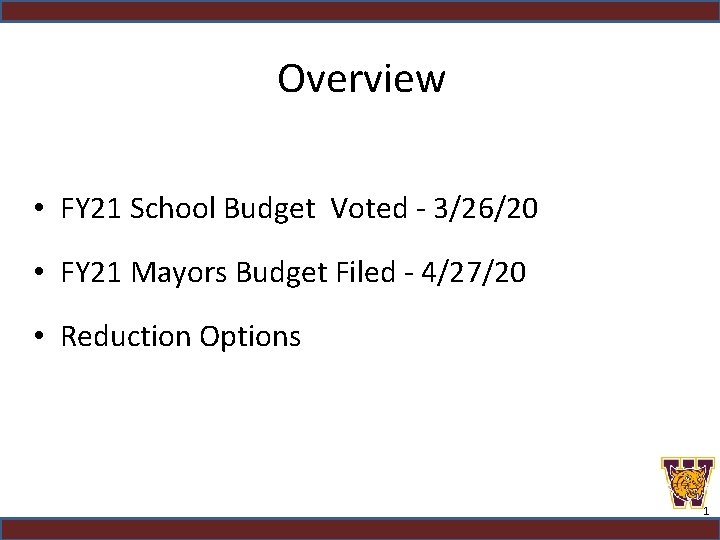 Overview • FY 21 School Budget Voted - 3/26/20 • FY 21 Mayors Budget