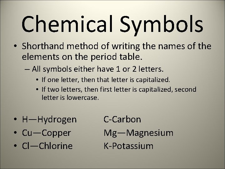 Chemical Symbols • Shorthand method of writing the names of the elements on the