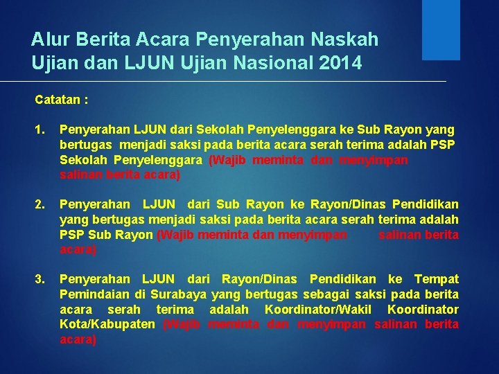 Alur Berita Acara Penyerahan Naskah Ujian dan LJUN Ujian Nasional 2014 Catatan : 1.