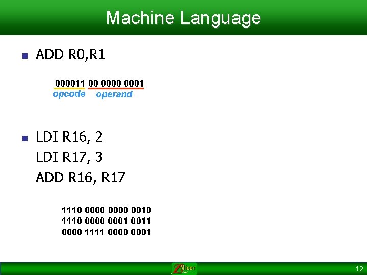 Machine Language n ADD R 0, R 1 000011 00 0001 opcode operand n