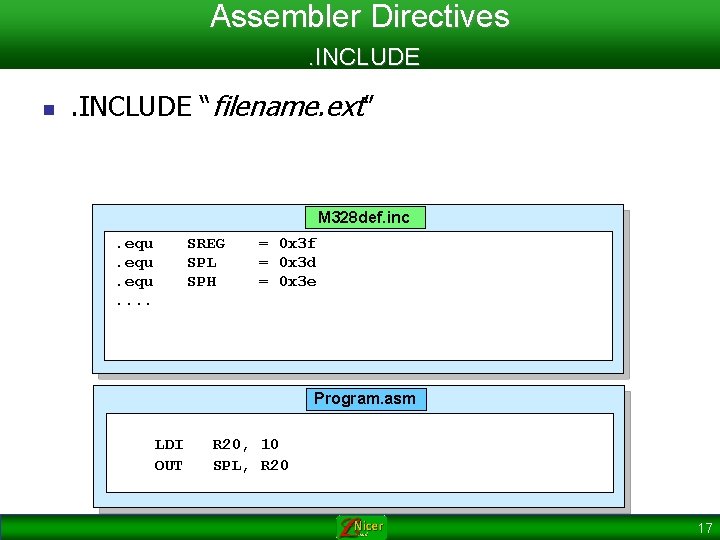 Assembler Directives. INCLUDE n . INCLUDE “filename. ext” M 328 def. inc. equ. .