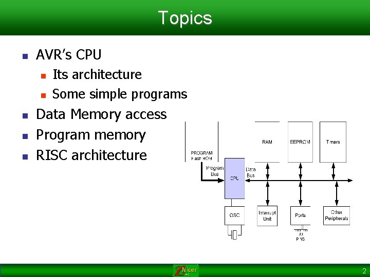Topics n AVR’s CPU n n n Its architecture Some simple programs Data Memory