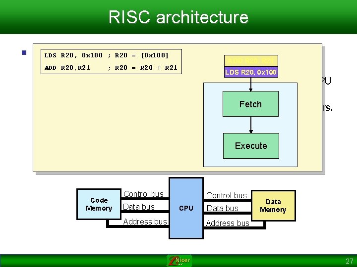 RISC architecture n Feature (Harvard separate buses for LDS R 20, 50 x 100