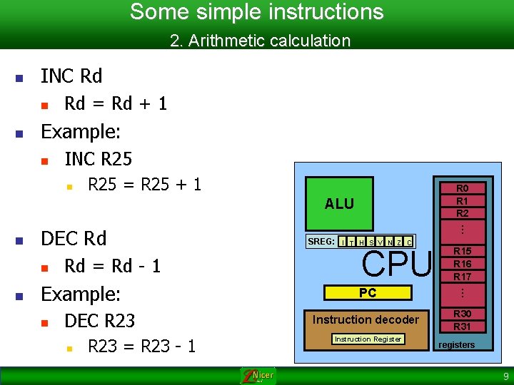 Some simple instructions 2. Arithmetic calculation n INC Rd n n Rd = Rd