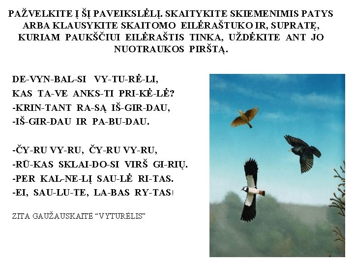 PAŽVELKITE Į ŠĮ PAVEIKSLĖLĮ. SKAITYKITE SKIEMENIMIS PATYS ARBA KLAUSYKITE SKAITOMO EILĖRAŠTUKO IR, SUPRATĘ, KURIAM