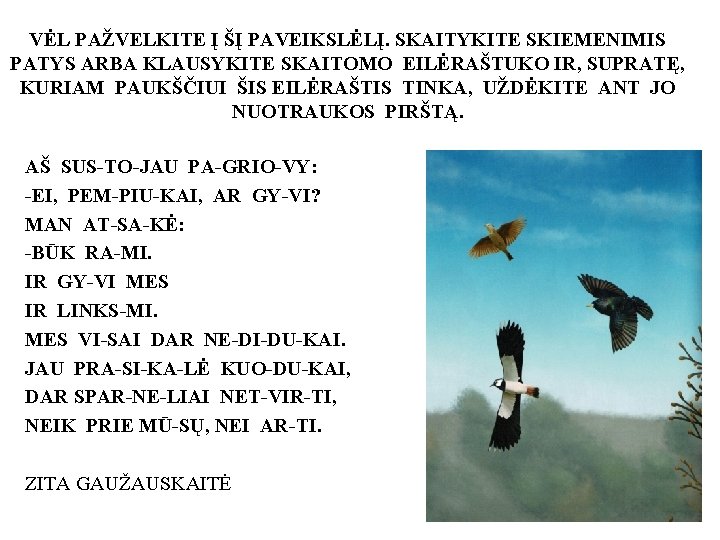 VĖL PAŽVELKITE Į ŠĮ PAVEIKSLĖLĮ. SKAITYKITE SKIEMENIMIS PATYS ARBA KLAUSYKITE SKAITOMO EILĖRAŠTUKO IR, SUPRATĘ,