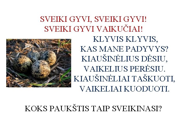 SVEIKI GYVI, SVEIKI GYVI! SVEIKI GYVI VAIKUČIAI! KLYVIS, KAS MANE PADYVYS? KIAUŠINĖLIUS DĖSIU, VAIKELIUS
