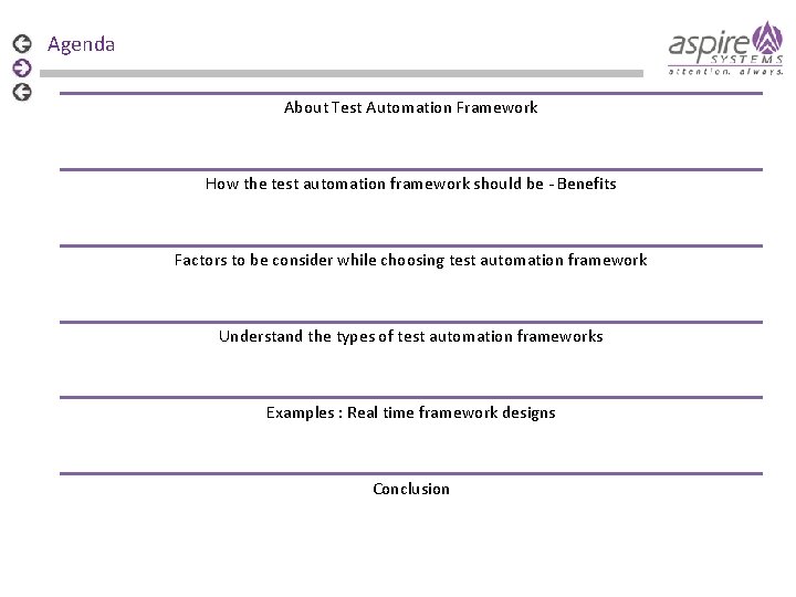 Agenda About Test Automation Framework How the test automation framework should be - Benefits