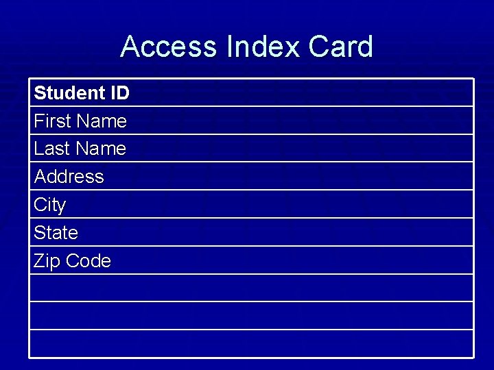 Access Index Card Student ID First Name Last Name Address City State Zip Code