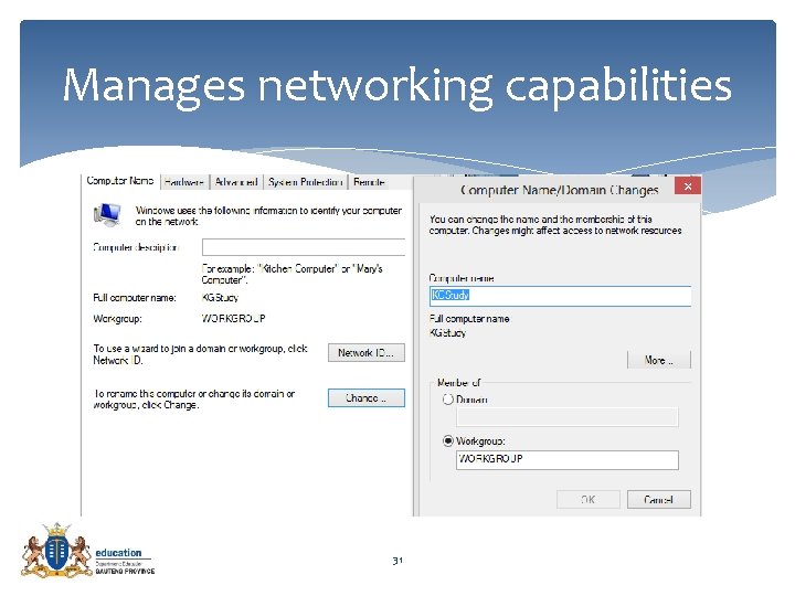 Manages networking capabilities 31 