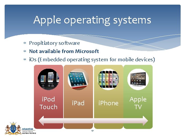 Apple operating systems Propitiatory software Not available from Microsoft i. Os (Embedded operating system