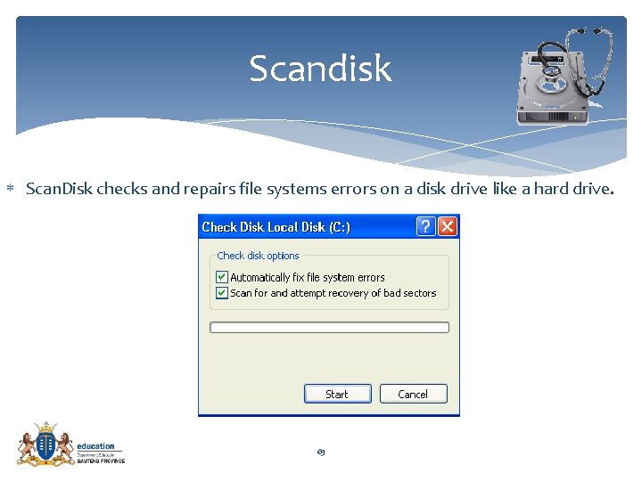 Scandisk Scan. Disk checks and repairs file systems errors on a disk drive like