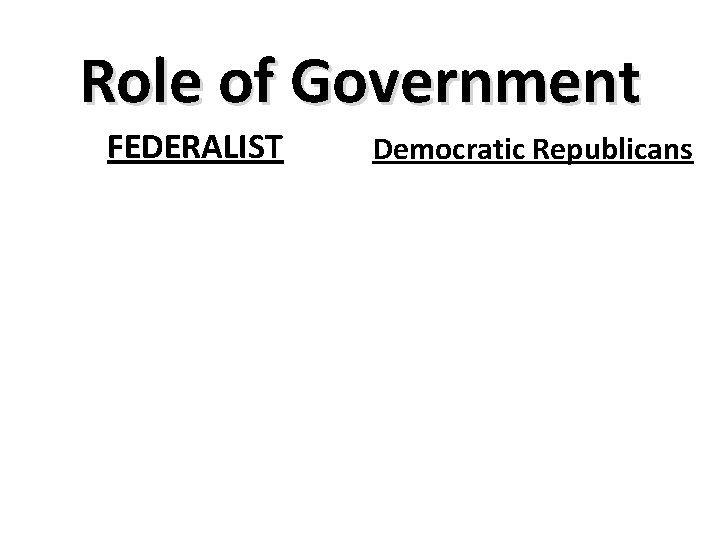 Role of Government FEDERALIST Democratic Republicans 