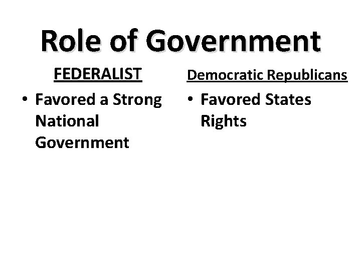 Role of Government FEDERALIST • Favored a Strong National Government Democratic Republicans • Favored