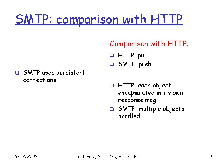 SMTP: comparison with HTTP Comparison with HTTP: q HTTP: pull q SMTP: push q