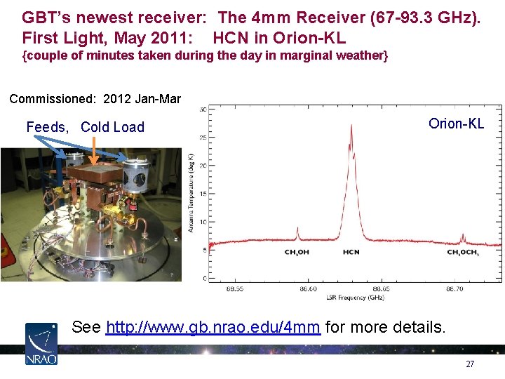 GBT’s newest receiver: The 4 mm Receiver (67 -93. 3 GHz). First Light, May