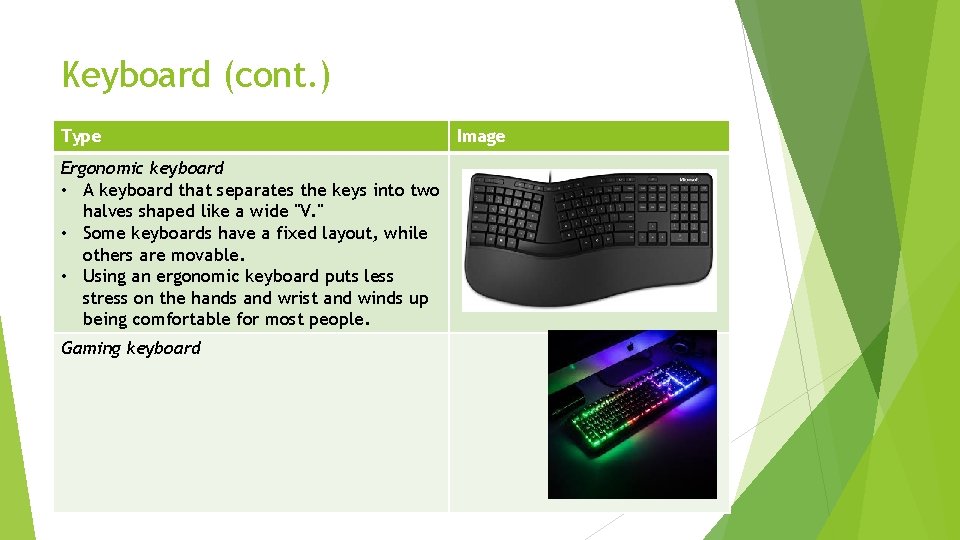Keyboard (cont. ) Type Ergonomic keyboard • A keyboard that separates the keys into