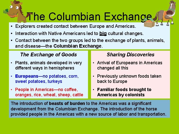 The Columbian Exchange • Explorers created contact between Europe and Americas. • Interaction with