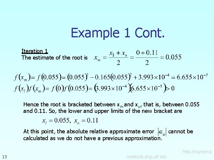 Example 1 Cont. Iteration 1 The estimate of the root is Hence the root