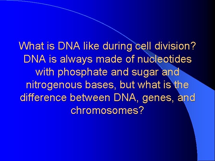 What is DNA like during cell division? DNA is always made of nucleotides with