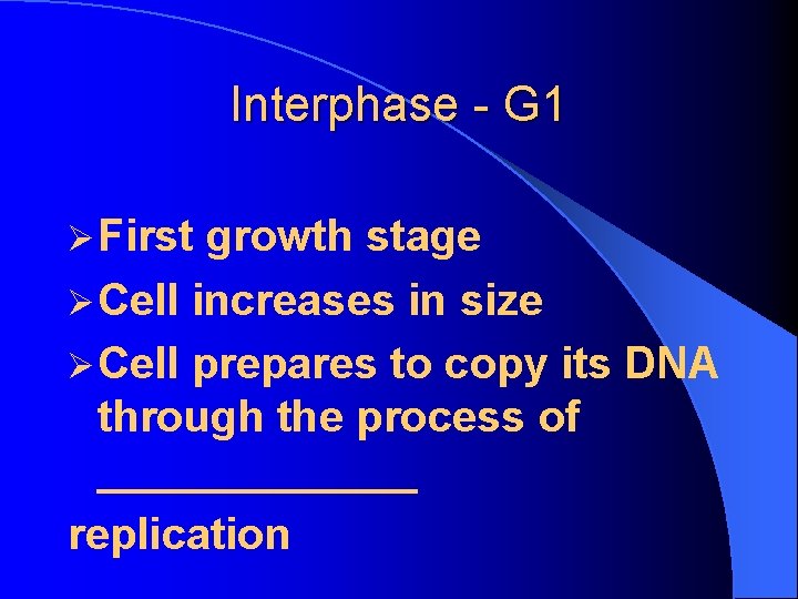 Interphase - G 1 Ø First growth stage Ø Cell increases in size Ø