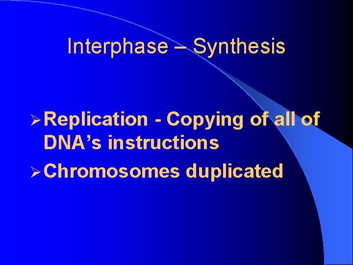 Interphase – Synthesis Ø Replication - Copying of all of DNA’s instructions Ø Chromosomes