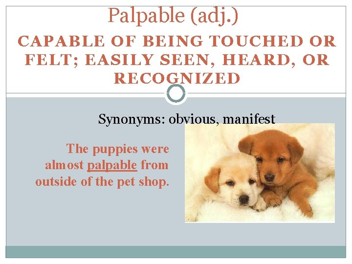 Palpable (adj. ) CAPABLE OF BEING TOUCHED OR FELT; EASILY SEEN, HEARD, OR RECOGNIZED