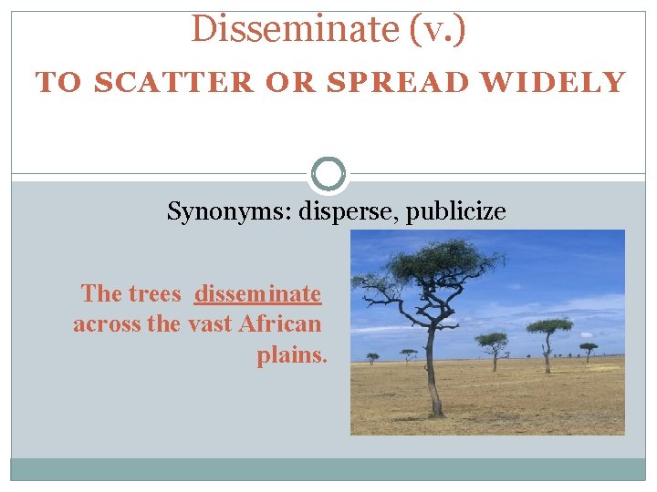 Disseminate (v. ) TO SCATTER OR SPREAD WIDELY Synonyms: disperse, publicize The trees disseminate