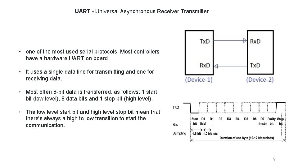 UART - Universal Asynchronous Receiver Transmitter • one of the most used serial protocols.