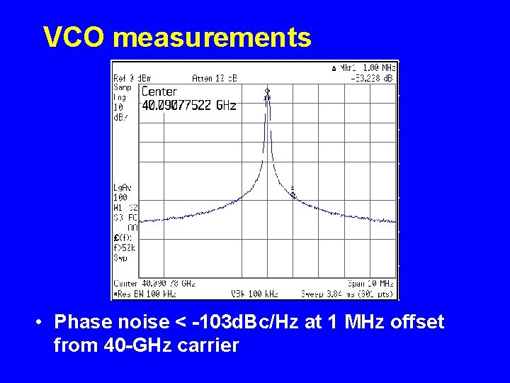 VCO measurements • Phase noise < -103 d. Bc/Hz at 1 MHz offset from