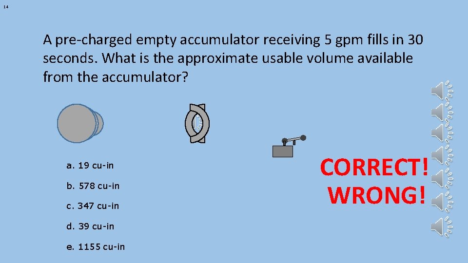 14 A pre-charged empty accumulator receiving 5 gpm fills in 30 seconds. What is