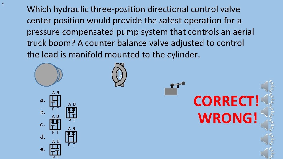 2 Which hydraulic three-position directional control valve center position would provide the safest operation
