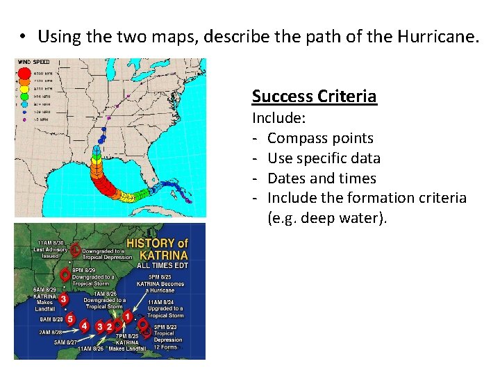  • Using the two maps, describe the path of the Hurricane. Success Criteria