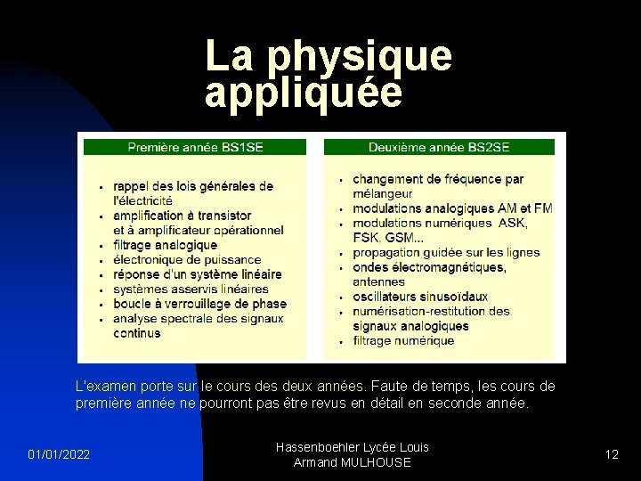 La physique appliquée L'examen porte sur le cours deux années. Faute de temps, les