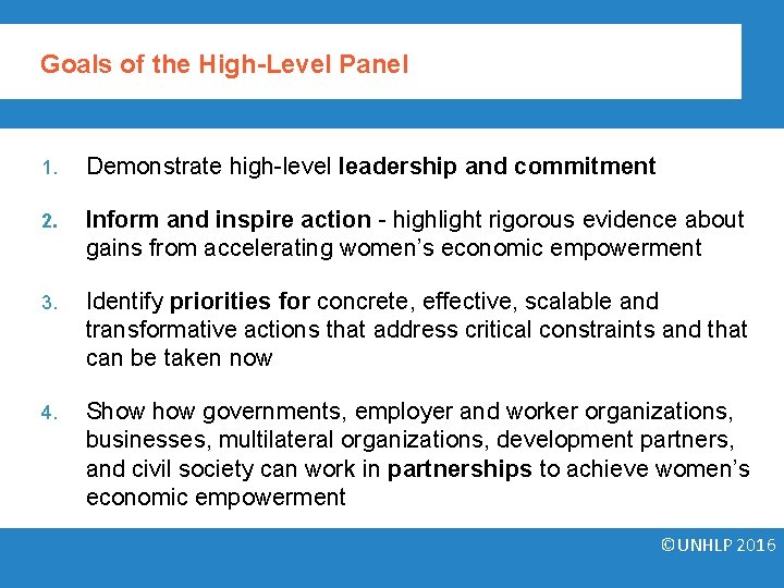 Goals of the High-Level Panel 1. Demonstrate high-level leadership and commitment 2. Inform and