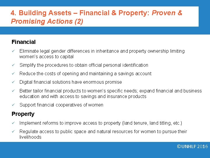 4. Building Assets – Financial & Property: Proven & Promising Actions (2) Financial ü