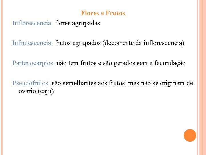 Flores e Frutos Inflorescencia: flores agrupadas Infrutescencia: frutos agrupados (decorrente da inflorescencia) Partenocarpios: não