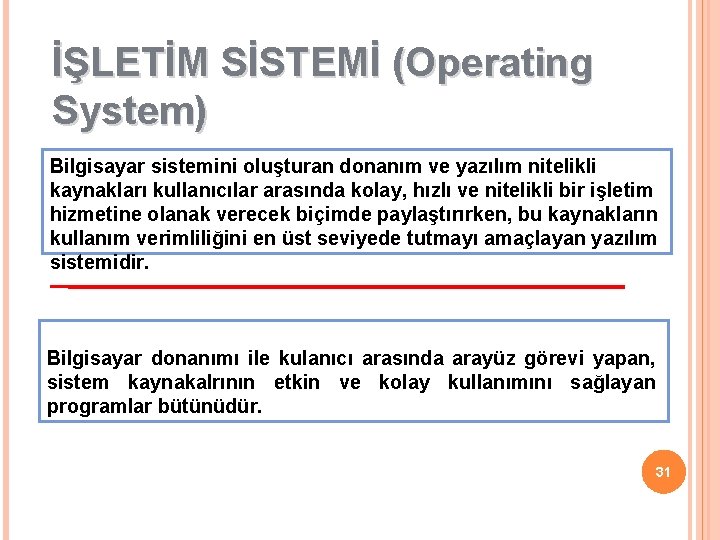 İŞLETİM SİSTEMİ (Operating System) Bilgisayar sistemini oluşturan donanım ve yazılım nitelikli kaynakları kullanıcılar arasında