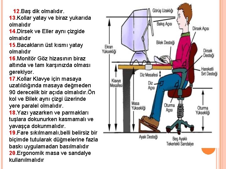 12. Baş dik olmalıdır. 13. Kollar yatay ve biraz yukarıda olmalıdır 14. Dirsek ve