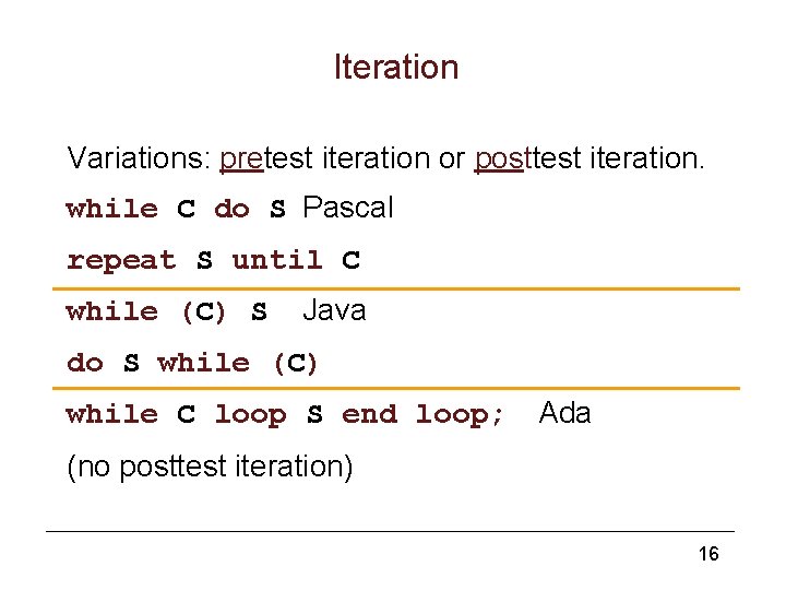 Iteration Variations: pretest iteration or posttest iteration. while C do S Pascal repeat S