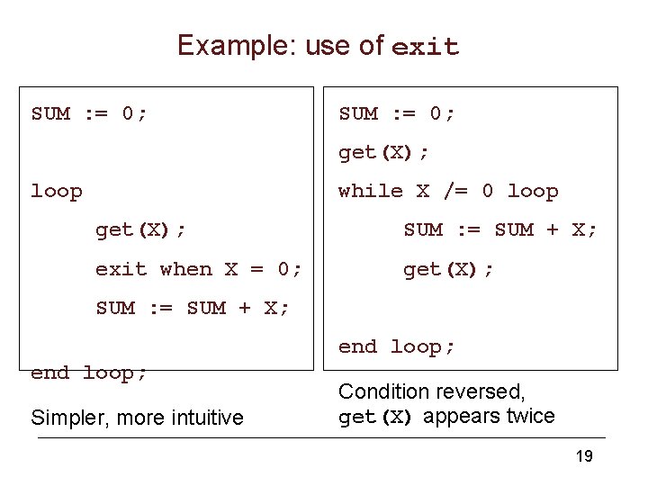 Example: use of exit SUM : = 0; get(X); loop while X /= 0