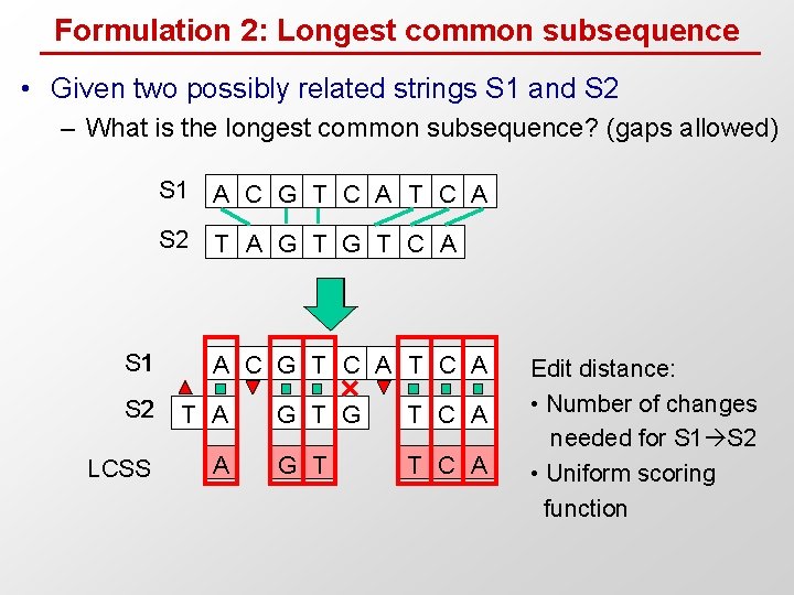 Formulation 2: Longest common subsequence • Given two possibly related strings S 1 and