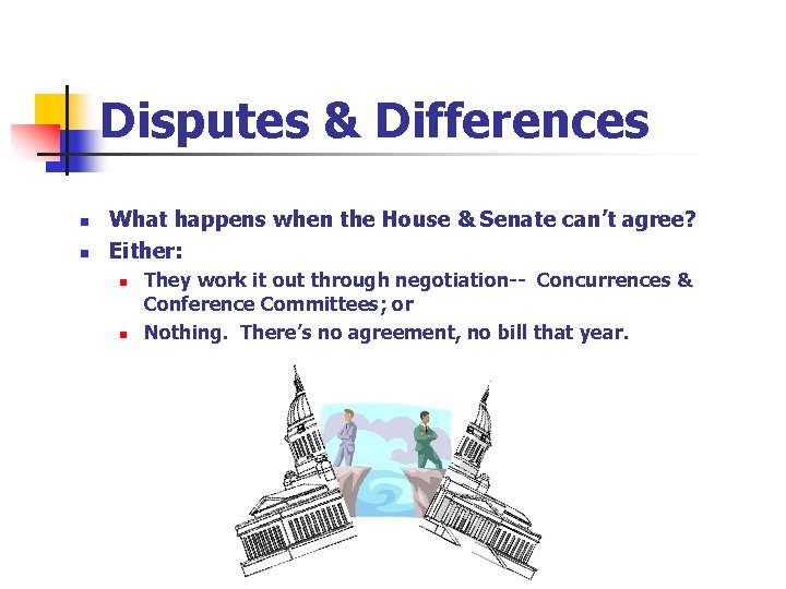 Disputes & Differences n n What happens when the House & Senate can’t agree?