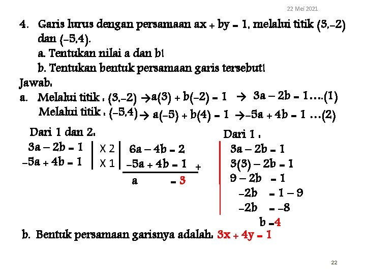 22 Mei 2021 4. Garis lurus dengan persamaan ax + by = 1, melalui