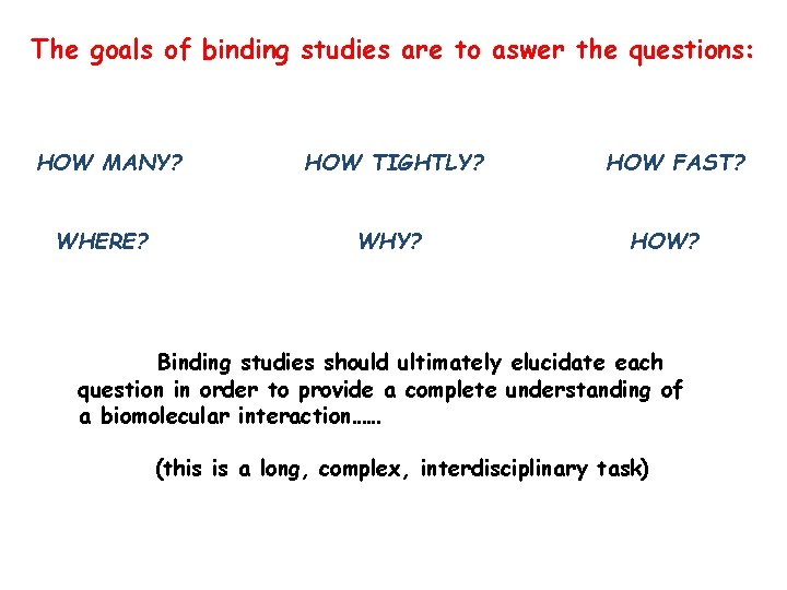 The goals of binding studies are to aswer the questions: HOW MANY? WHERE? HOW