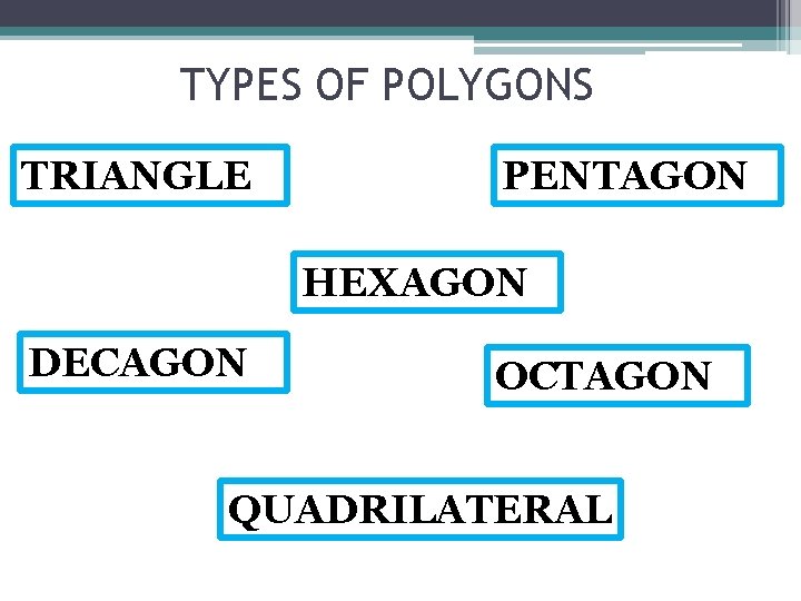 TYPES OF POLYGONS TRIANGLE PENTAGON HEXAGON DECAGON OCTAGON QUADRILATERAL 