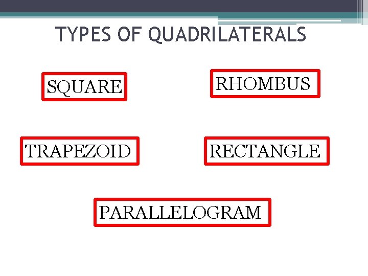 TYPES OF QUADRILATERALS SQUARE TRAPEZOID RHOMBUS RECTANGLE PARALLELOGRAM 